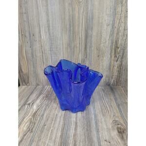 MCM Hadeland Norway Furu Cobalt Blue Art Glass Handkerchief Ruffled 1970s Vase